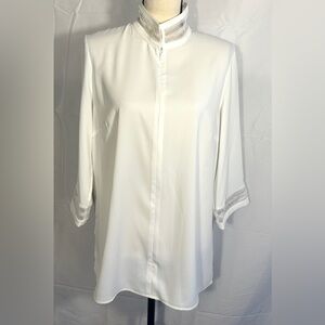 NWT $215 Ming Wang Lace Trim 3/4 Sleeve Mandarin Collar‎ Blouse Shirt, Small S